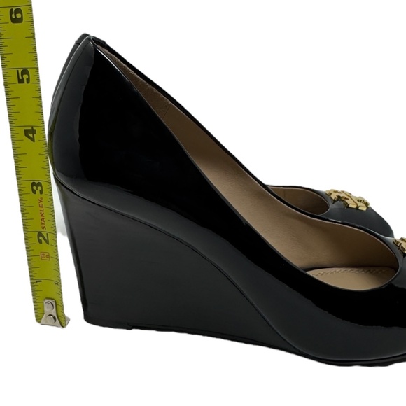 Tory Burch Jade Peep Toe Patent Leather Wedge Heels Pumps Black Sz 6 - Picture 11 of 12